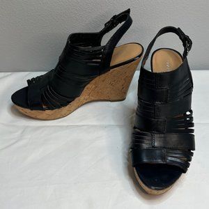 Franco Sarto Black Leather Gladiator Wedge Sandal Womens 9 M